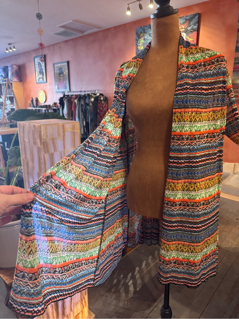 Swim Cover up Long Sleeve Ali Miles Multicolor Geometric Open-Front